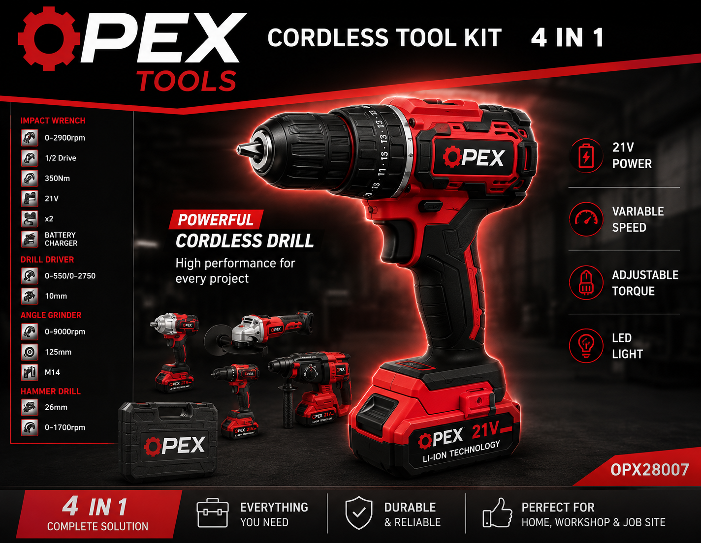 Trusa Scule 4 Piese 21V 5Ah, Rotopercutor, Bormasina, Autofiletanta Impact si Flex
