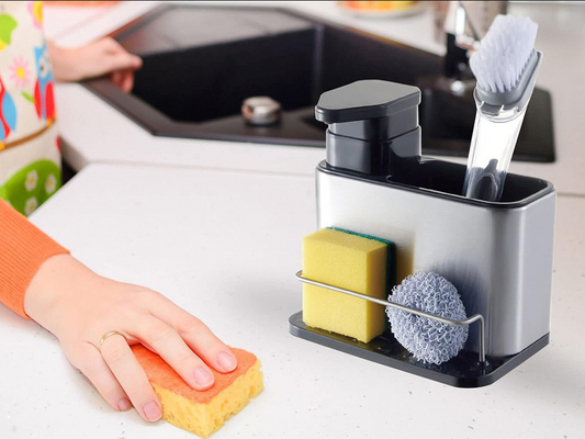 Organizator Bucatarie NewTech cu Dispenser Detergent, Suport Burete, 2 Compartimente, Argintiu Negru