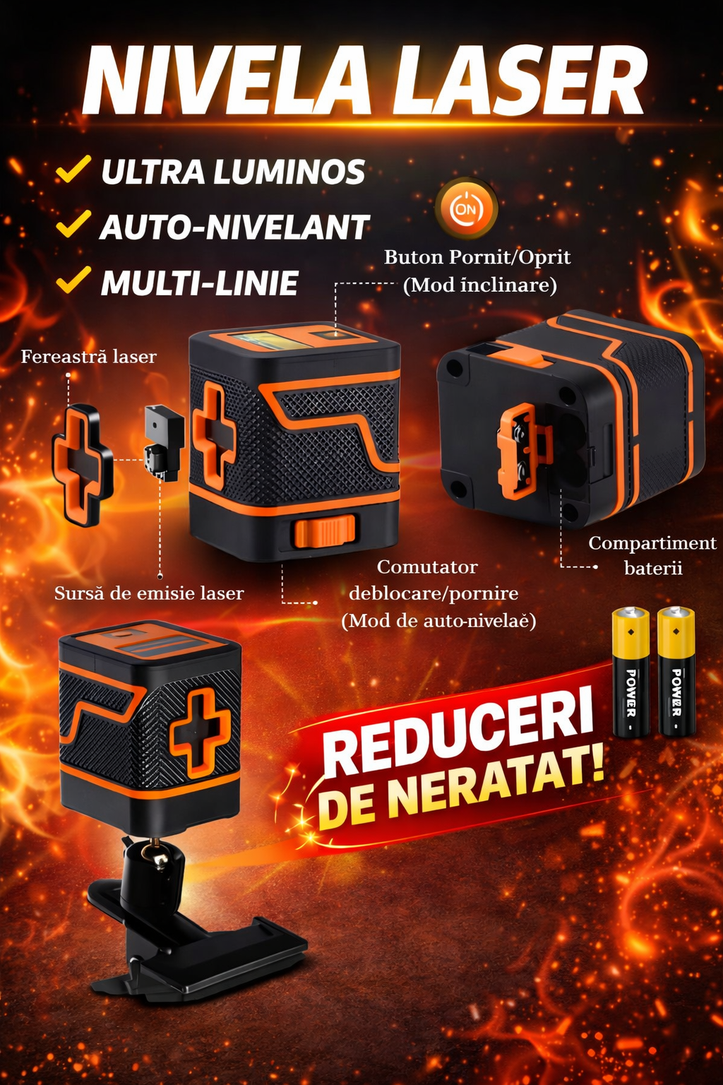 Nivela laser, IP54, 360° grade cu 2 linii in cruce, 25m, precizie ± 0.5 mm/m, ± 3° domeniu de autonivelare, 15x14x10 cm, Negru/Galben
