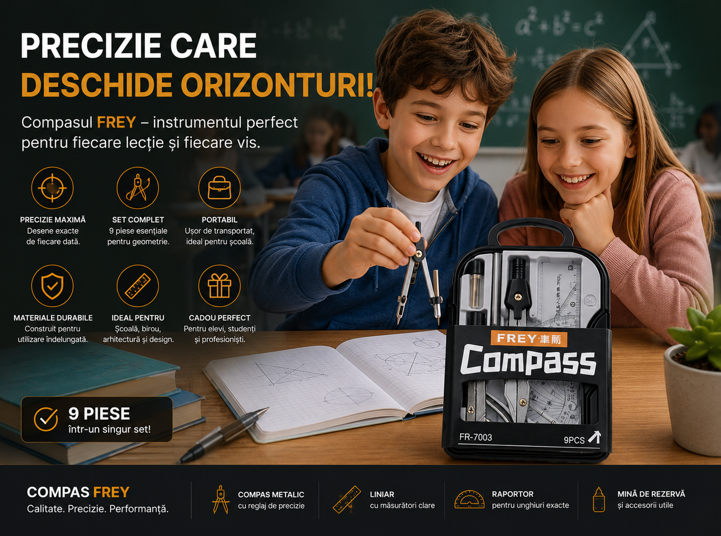Set Geometrie 9 Piese cu 2 Compasuri, Rigla, Echer, Raportor si Cutie pentru Scoala