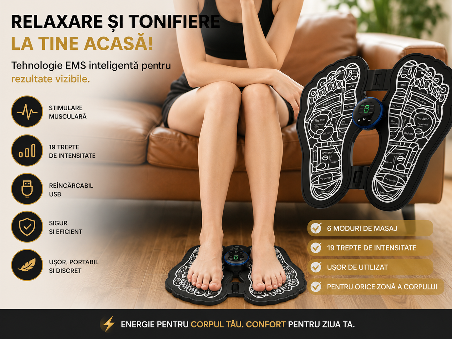 Aparat Masaj Picioare EMS Inteligent, Stimulator Muscular, 6 Programe, USB, Portabil