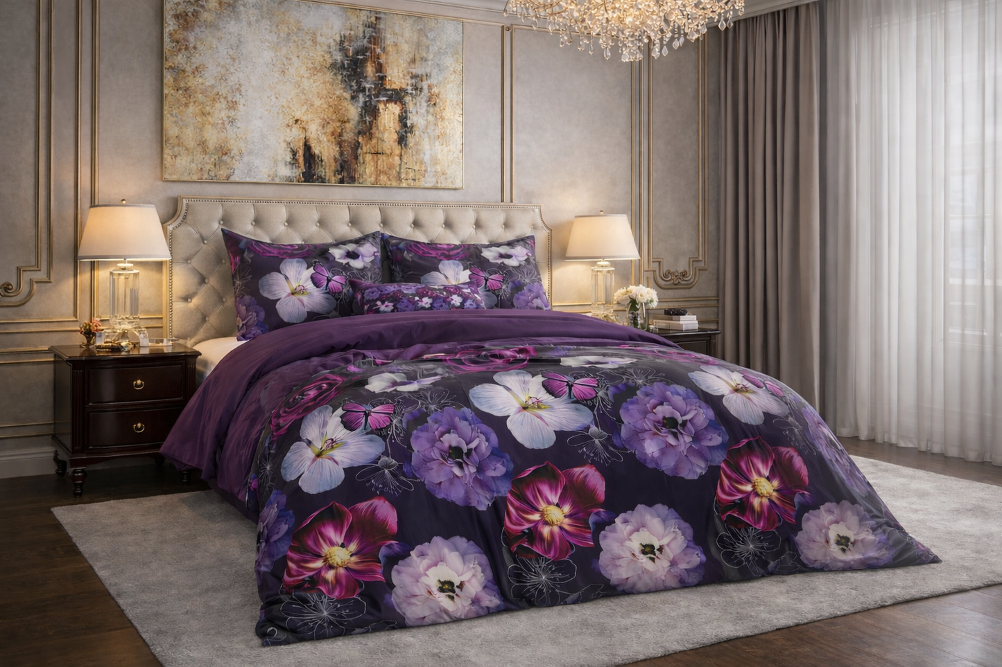 Lenjerie de pat Sleeptime, 1x husa pilota 200x200/220, 2x fete de perna 60x70, Bumbac si Poliester, Hipoalergenica, 150 GSM, model Elegance Magic Flower Purple, imprimeu Print Digital, culoare Mov