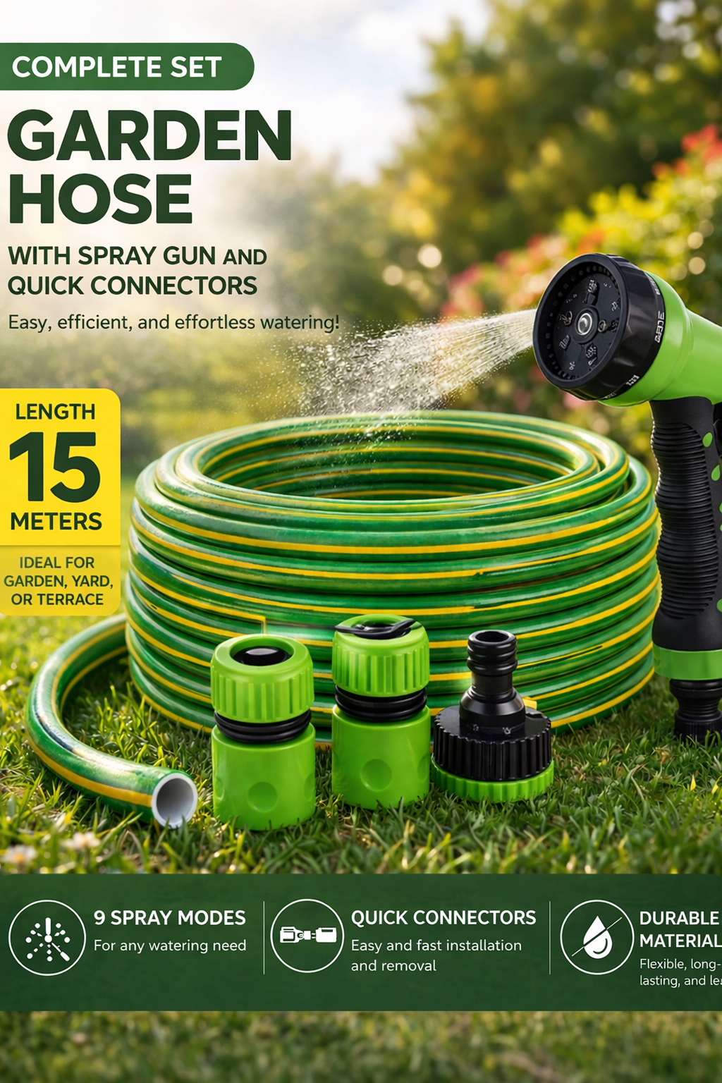 GARDEN HOSE set furtun gradina 15m 1/2 3 straturi pistol 7 moduri 3 fitinguri verde UltraStrong