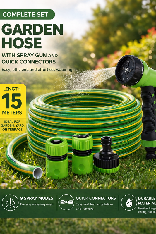 GARDEN HOSE set furtun gradina 15m 1/2 3 straturi pistol 7 moduri 3 fitinguri verde UltraStrong