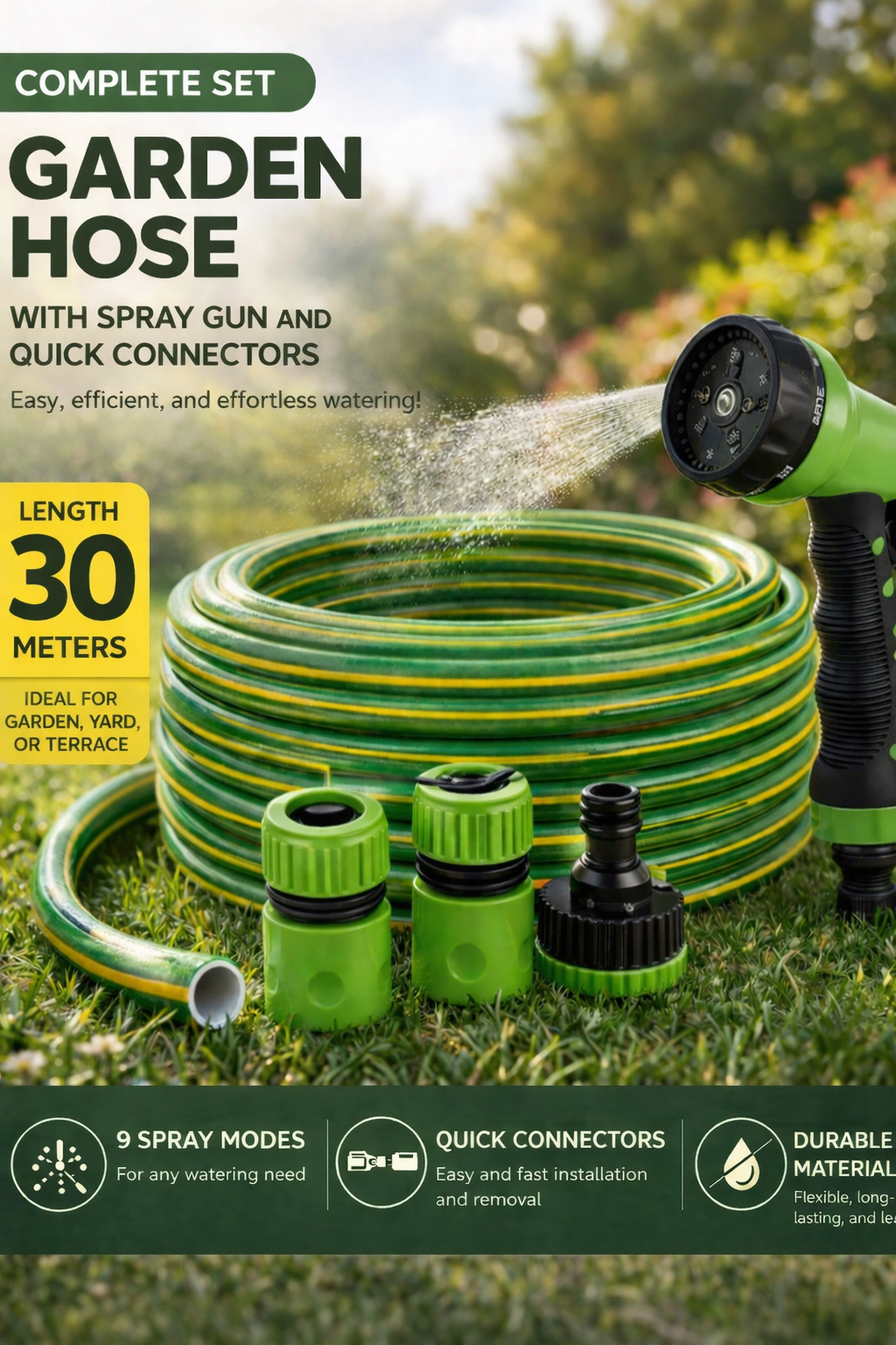 GARDEN HOSE set furtun gradina 30m 1/2 cu accesorii 7 moduri pistol 3 fitinguri verde