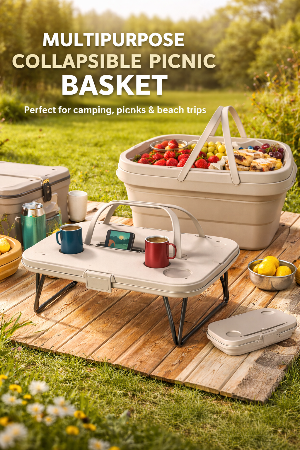 Cos picnic pliabil 3 in 1, 2 persoane, masa cu capac, portabil, recipient 15L, 47x30x10cm