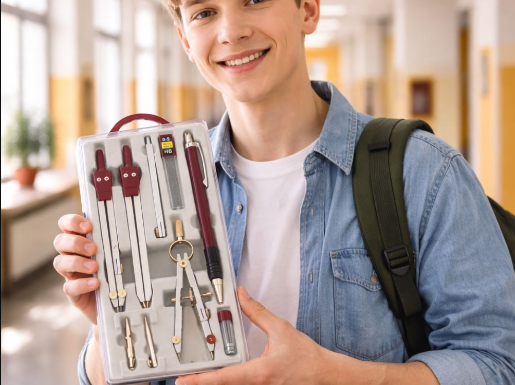 Set Geometrie 9 Piese cu Compas, Creion Mecanic si Cutie, pentru Scoala, Mov