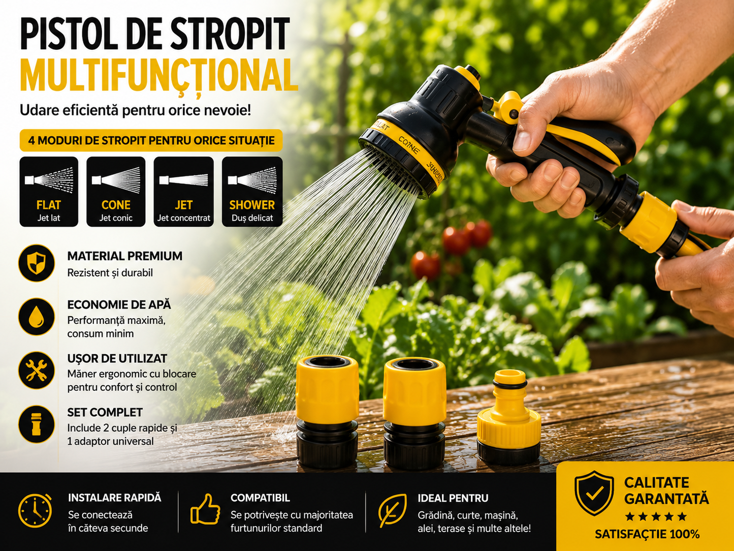 Set Pistol Stropit Gradina NEWTECH, 10 Functii, Conectori 1/2" si Adaptor 3/4"