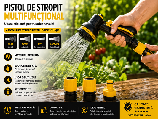Set Pistol Stropit Gradina NEWTECH, 10 Functii, Conectori 1/2" si Adaptor 3/4"