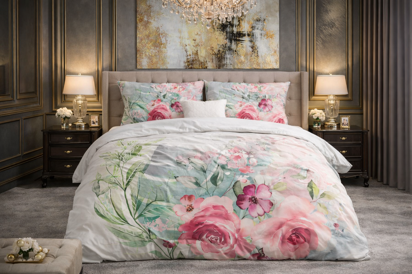 Lenjerie de pat Sleeptime, 1x husa pilota 200x200/220, 2x fete de perna 60x70, Microfibra 100%, Hipoalergenica, 90 GSM, model Essentials, imprimeu Print Digital, culoare Multicolor