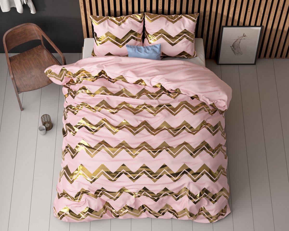 Lenjerie de pat, Sleeptime Glamour Wave Pink 140/220 cm, 100% Microfibra, Folio Print, 1 Fata de Perna, Anti-alergic
