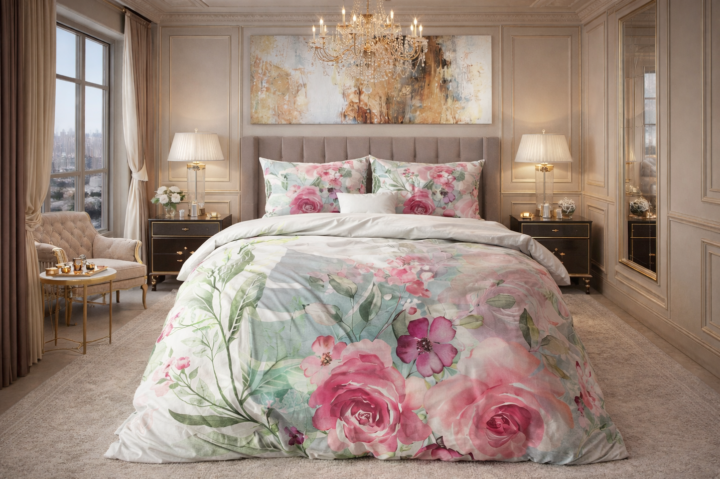 Lenjerie de pat Sleeptime, 1x husa pilota 200x200/220, 2x fete de perna 60x70, Microfibra 100%, Hipoalergenica, 90 GSM, model Essentials, imprimeu Print Digital, culoare Multicolor