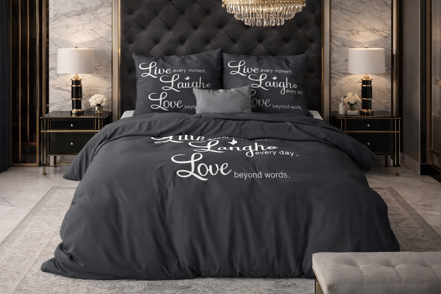 Lenjerie de pat Sleeptime, 1x husa pilota 200x200/220, 2x fete de perna 60x70, Microfibra 100%, Hipoalergenica, 90 GSM, model Essentials Live Laugh and Love, imprimeu Print Digital, culoare Negru