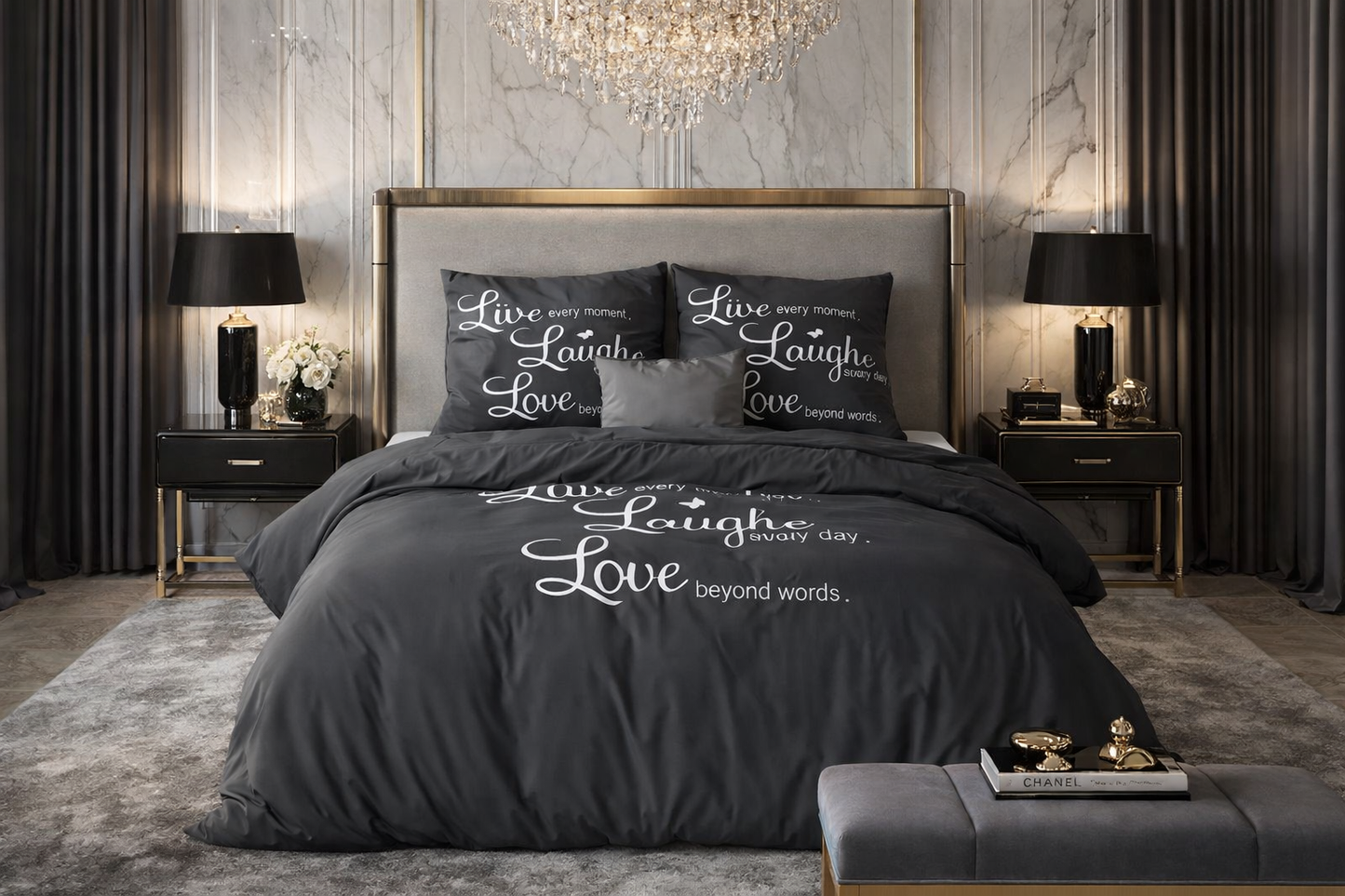 Lenjerie de pat Sleeptime, 1x husa pilota 200x200/220, 2x fete de perna 60x70, Microfibra 100%, Hipoalergenica, 90 GSM, model Essentials Live Laugh and Love, imprimeu Print Digital, culoare Negru