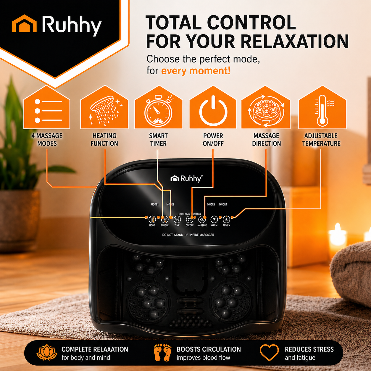 Ruhhy aparat hidromasaj picioare pliabil 550W incalzire role electrice negru