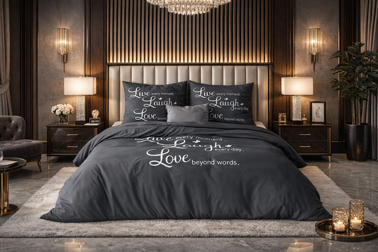 Lenjerie de pat Sleeptime, 1x husa pilota 200x200/220, 2x fete de perna 60x70, Microfibra 100%, Hipoalergenica, 90 GSM, model Essentials Live Laugh and Love, imprimeu Print Digital, culoare Negru