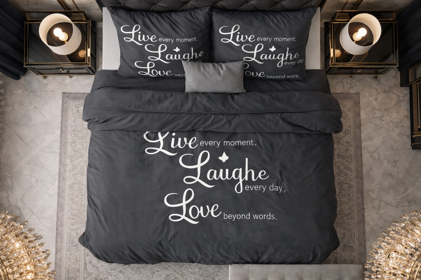 Lenjerie de pat Sleeptime, 1x husa pilota 200x200/220, 2x fete de perna 60x70, Microfibra 100%, Hipoalergenica, 90 GSM, model Essentials Live Laugh and Love, imprimeu Print Digital, culoare Negru