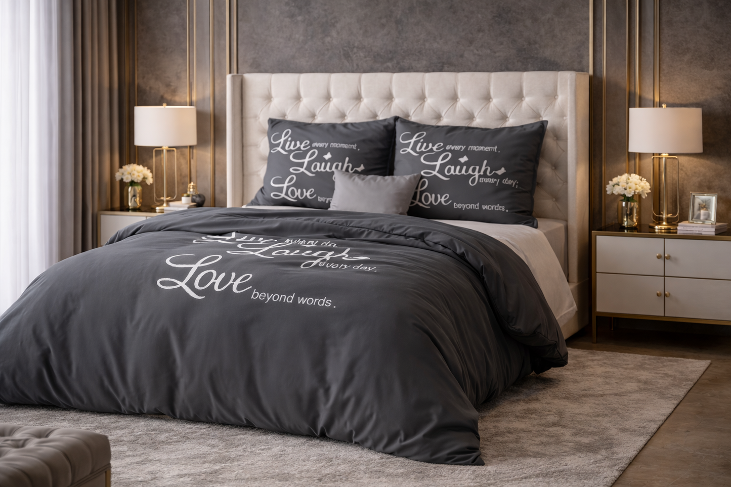 Lenjerie de pat Sleeptime, 1x husa pilota 200x200/220, 2x fete de perna 60x70, Microfibra 100%, Hipoalergenica, 90 GSM, model Essentials Live Laugh and Love, imprimeu Print Digital, culoare Negru