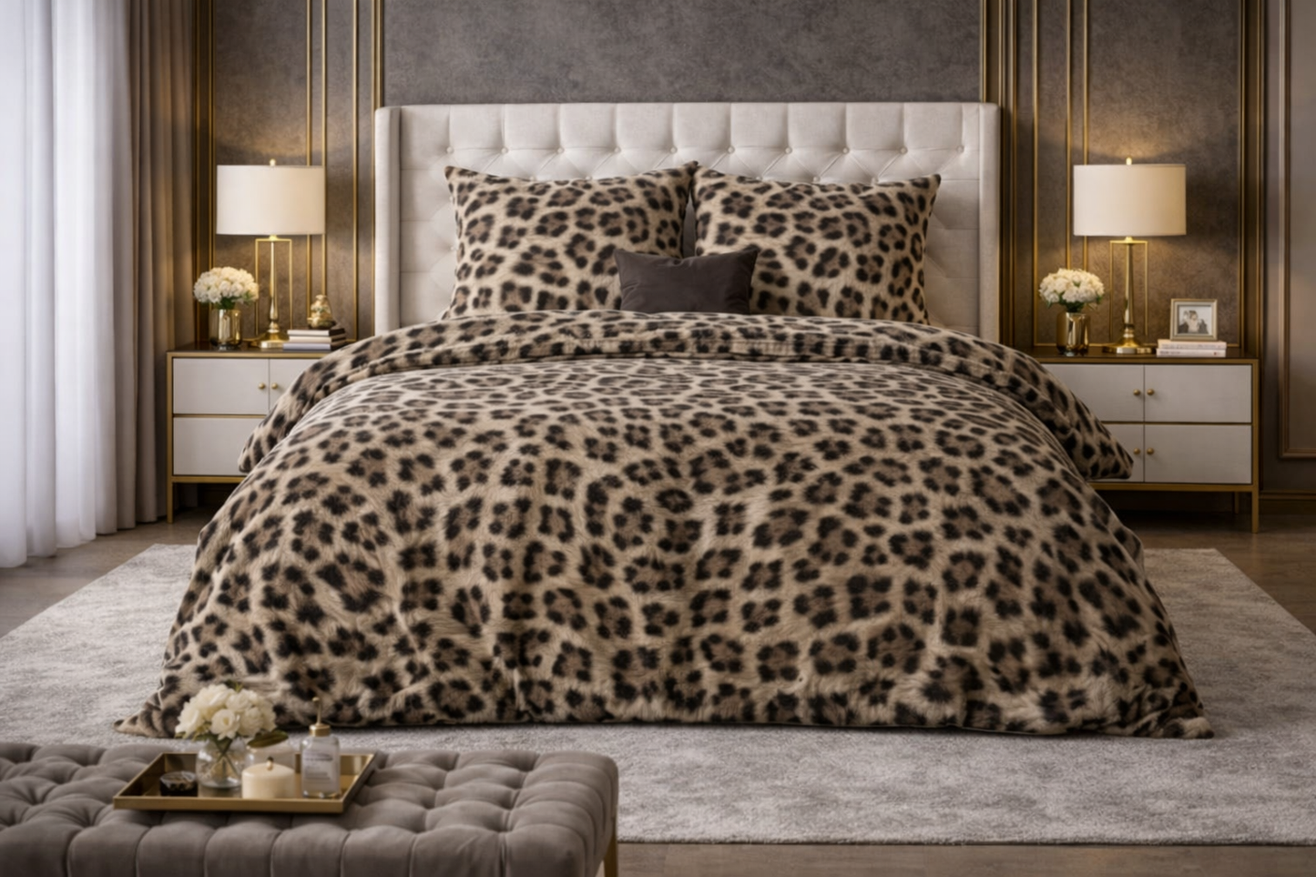 Lenjerie de pat Sleeptime, 1x husa pilota 140x200/220, 1x fete de perna 60x70, Microfibra 100%, Hipoalergenica, 90 GSM, model Classy Deep Panther Brown, imprimeu Print Digital, culoare Maro