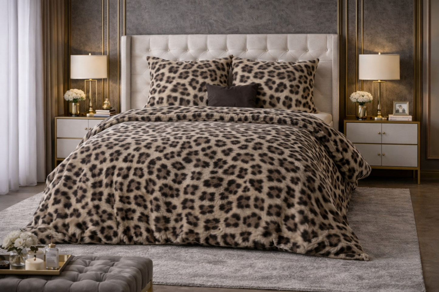 Lenjerie de pat Sleeptime, 1x husa pilota 140x200/220, 1x fete de perna 60x70, Microfibra 100%, Hipoalergenica, 90 GSM, model Classy Deep Panther Brown, imprimeu Print Digital, culoare Maro