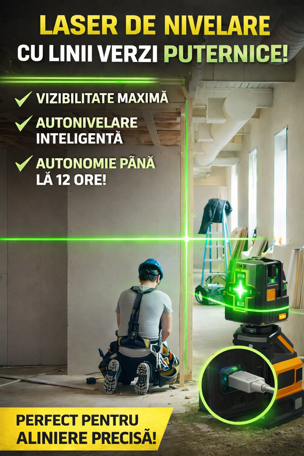 Nivela laser, NewTech, 360° grade cu 2 linii in cruce, 25m, IP54, precizie ± 0.5 mm/m, ± 3° domeniu de autonivelare, lungime unda laser 510 – 530nm, 15x14x10 cm, Negru/Galben