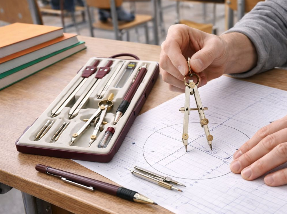 Set Geometrie 9 Piese cu Compas, Creion Mecanic si Cutie, pentru Scoala, Mov
