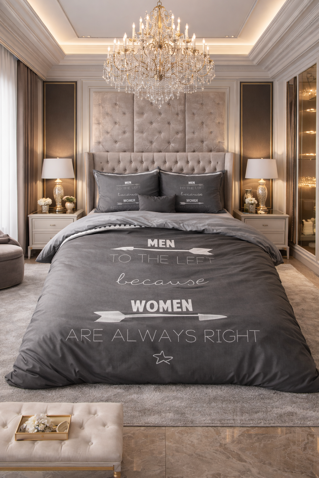 Lenjerie de pat Sleeptime, 1x husa pilota 140x200/220, 1x fete de perna 60x70, Bumbac, model Women Always Right Antracite, culoare Gri