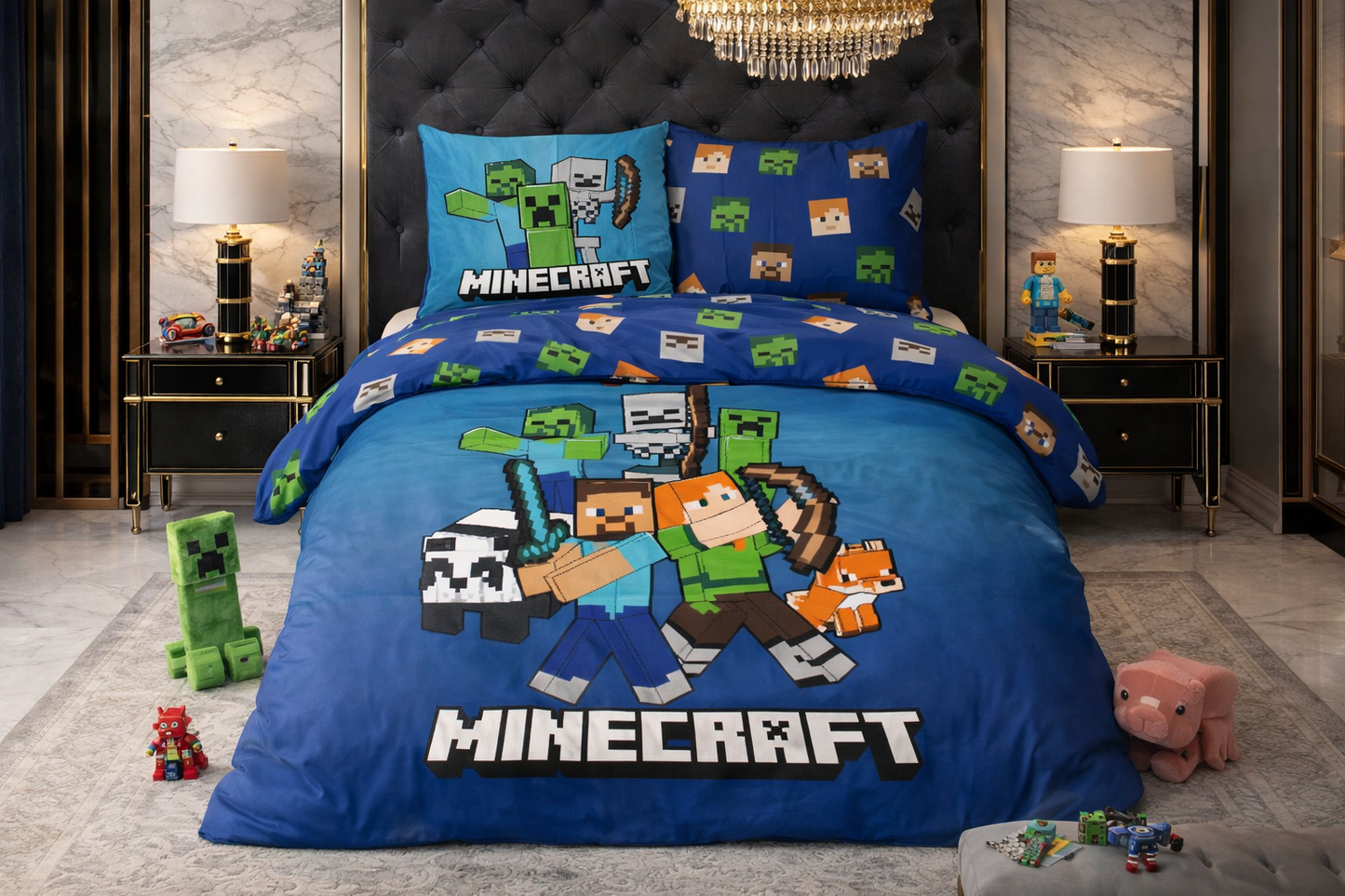 Lenjerie de pat Javoli, 1x husa pilota 140x200, 1x fete de perna 65x65, Bumbac 100%, Hipoalergenica, model Minecraft Block World, culoare Multicolor