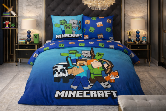 Lenjerie de pat Javoli, 1x husa pilota 140x200, 1x fete de perna 65x65, Bumbac 100%, Hipoalergenica, model Minecraft Block World, culoare Multicolor