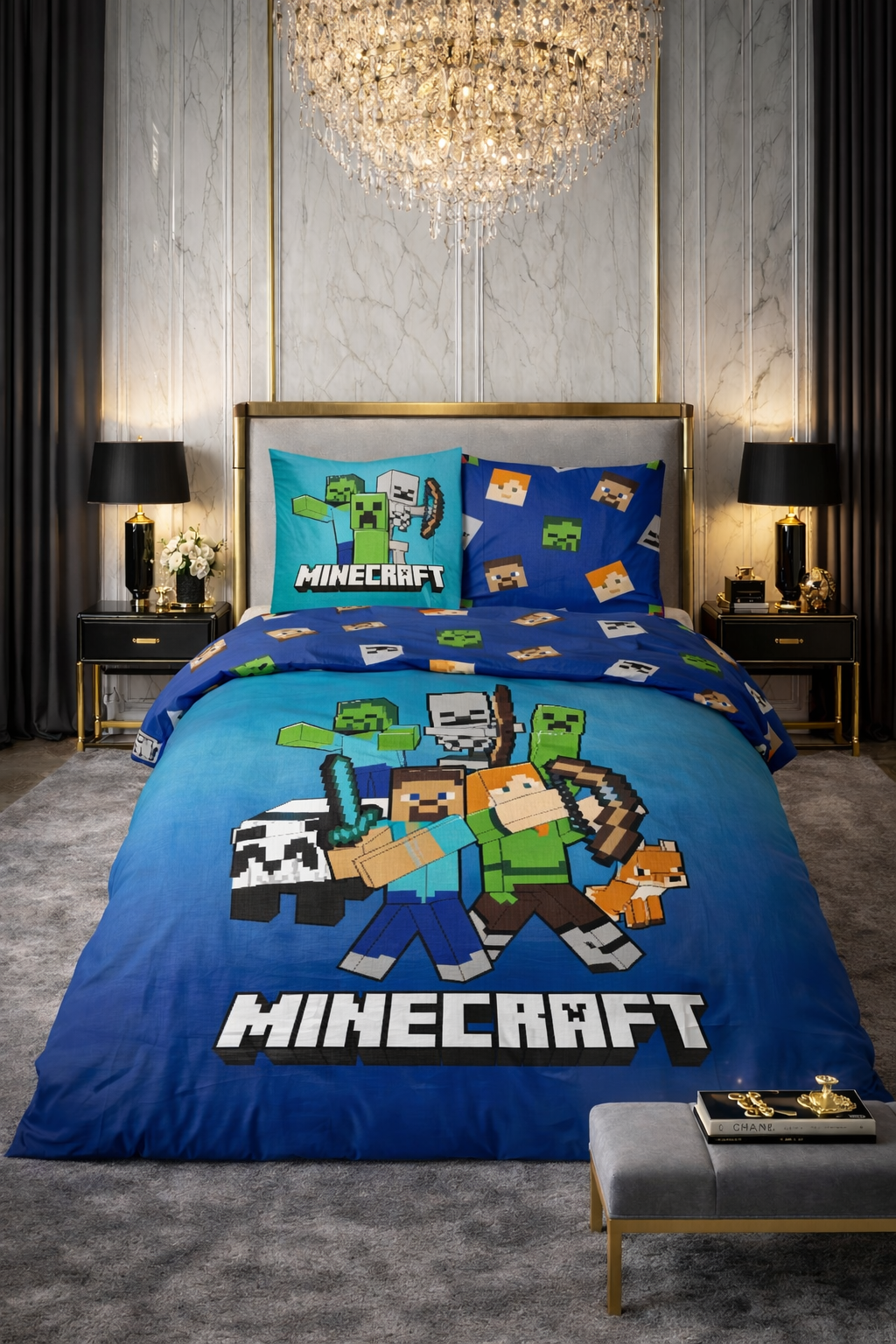 Lenjerie de pat Javoli, 1x husa pilota 140x200, 1x fete de perna 65x65, Bumbac 100%, Hipoalergenica, model Minecraft Block World, culoare Multicolor