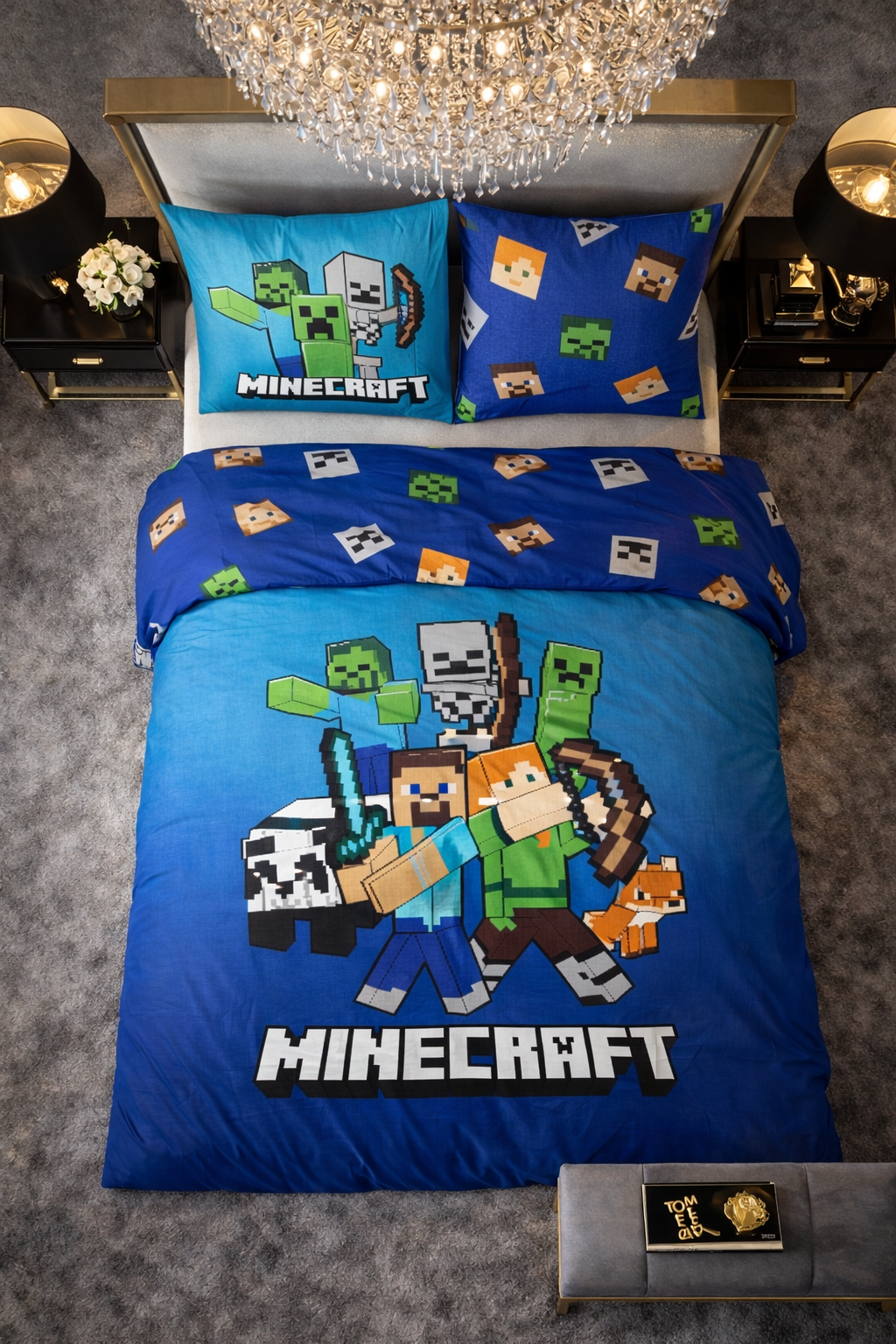 Lenjerie de pat Javoli, 1x husa pilota 140x200, 1x fete de perna 65x65, Bumbac 100%, Hipoalergenica, model Minecraft Block World, culoare Multicolor