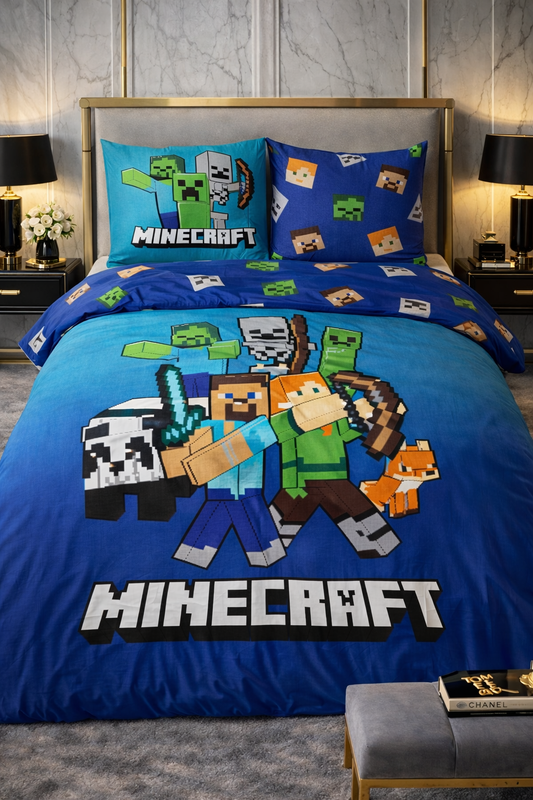 Lenjerie de pat Javoli, 1x husa pilota 140x200, 1x fete de perna 65x65, Bumbac 100%, Hipoalergenica, model Minecraft Block World, culoare Multicolor