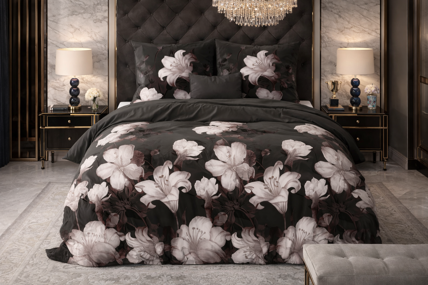 Lenjerie de pat Sleeptime, 1x husa pilota 200x200/220, 2x fete de perna 60x70, Bumbac si Poliester, Hipoalergenica, 150 GSM, model Elegance Dark Flower Black, imprimeu Print Digital, culoare Negru