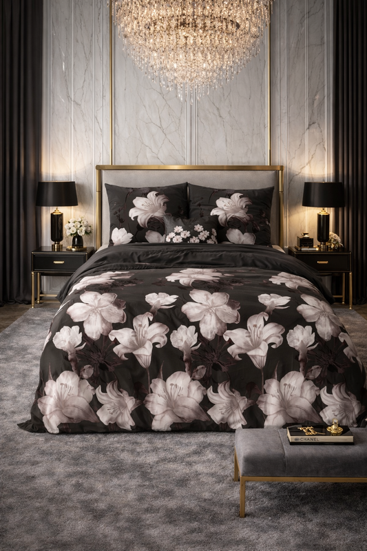 Lenjerie de pat Sleeptime, 1x husa pilota 200x200/220, 2x fete de perna 60x70, Bumbac si Poliester, Hipoalergenica, 150 GSM, model Elegance Dark Flower Black, imprimeu Print Digital, culoare Negru