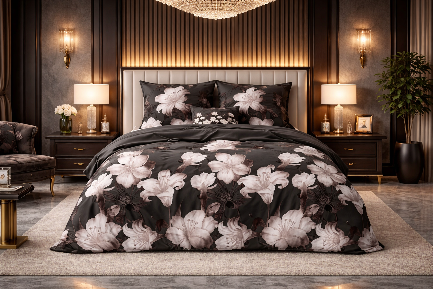 Lenjerie de pat Sleeptime, 1x husa pilota 200x200/220, 2x fete de perna 60x70, Bumbac si Poliester, Hipoalergenica, 150 GSM, model Elegance Dark Flower Black, imprimeu Print Digital, culoare Negru