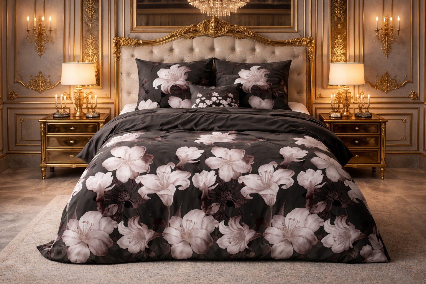 Lenjerie de pat Sleeptime, 1x husa pilota 200x200/220, 2x fete de perna 60x70, Bumbac si Poliester, Hipoalergenica, 150 GSM, model Elegance Dark Flower Black, imprimeu Print Digital, culoare Negru