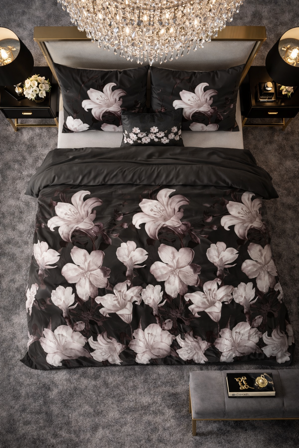 Lenjerie de pat Sleeptime, 1x husa pilota 200x200/220, 2x fete de perna 60x70, Bumbac si Poliester, Hipoalergenica, 150 GSM, model Elegance Dark Flower Black, imprimeu Print Digital, culoare Negru