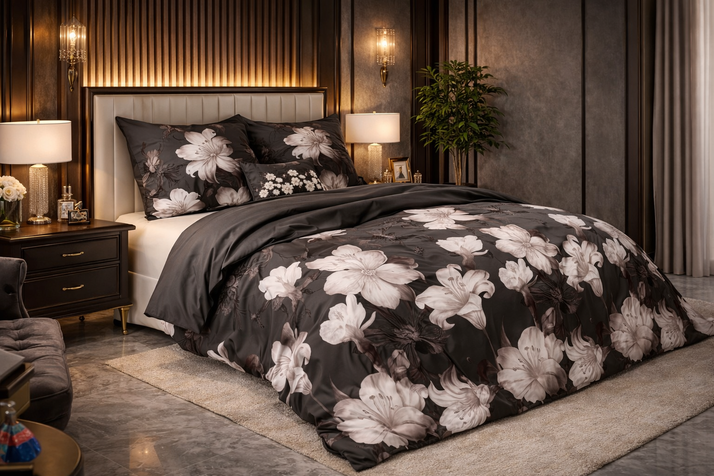 Lenjerie de pat Sleeptime, 1x husa pilota 200x200/220, 2x fete de perna 60x70, Bumbac si Poliester, Hipoalergenica, 150 GSM, model Elegance Dark Flower Black, imprimeu Print Digital, culoare Negru