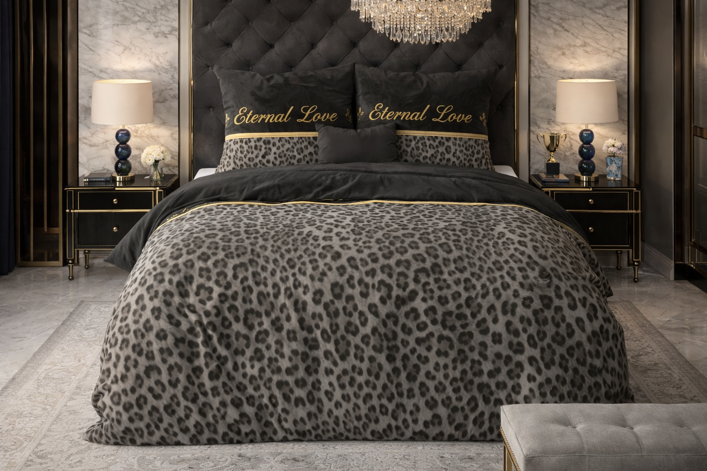 Lenjerie de pat Sleeptime, 1x husa pilota 140x200/220, 1x fete de perna 60x70, Bumbac si Poliester, Hipoalergenica, 150 GSM, model Elegance Eternal Love Black, imprimeu Print Digital, culoare Negru