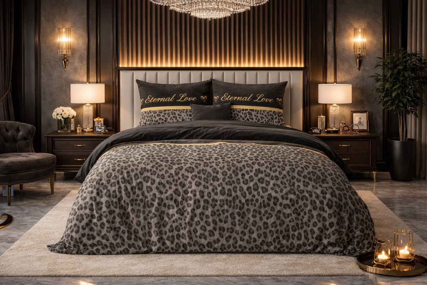 Lenjerie de pat Sleeptime, 1x husa pilota 140x200/220, 1x fete de perna 60x70, Bumbac si Poliester, Hipoalergenica, 150 GSM, model Elegance Eternal Love Black, imprimeu Print Digital, culoare Negru