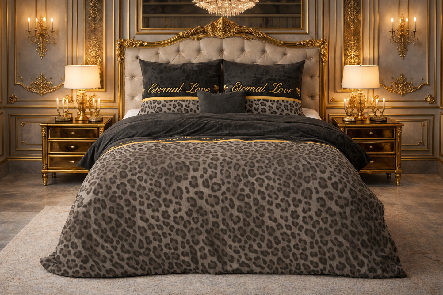 Lenjerie de pat Sleeptime, 1x husa pilota 140x200/220, 1x fete de perna 60x70, Bumbac si Poliester, Hipoalergenica, 150 GSM, model Elegance Eternal Love Black, imprimeu Print Digital, culoare Negru