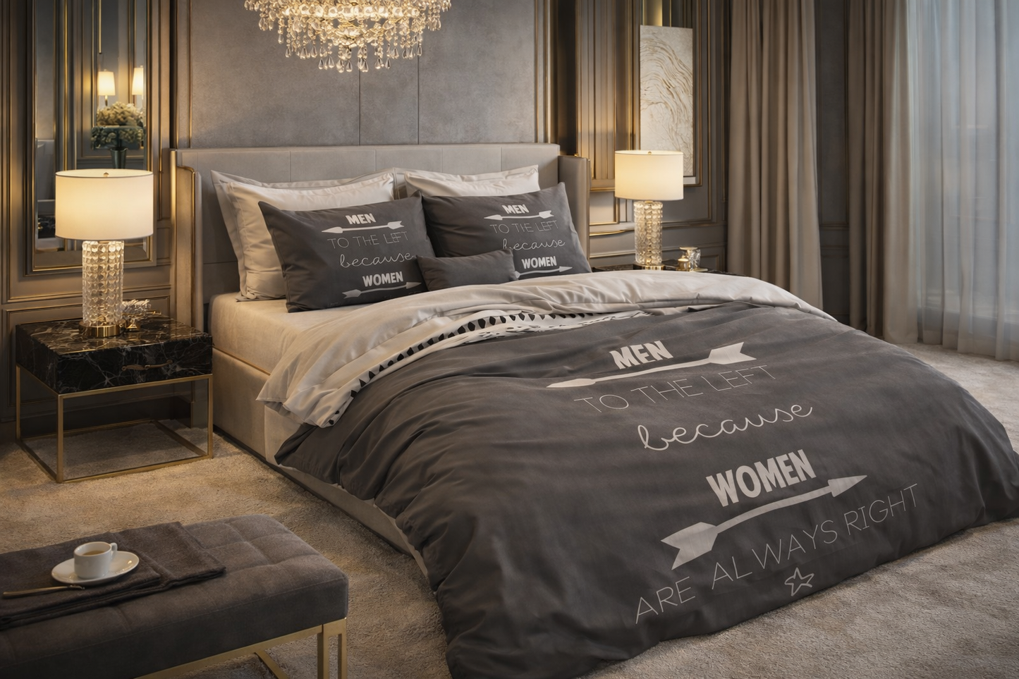 Lenjerie de pat Sleeptime, 1x husa pilota 140x200/220, 1x fete de perna 60x70, Bumbac, model Women Always Right Antracite, culoare Gri