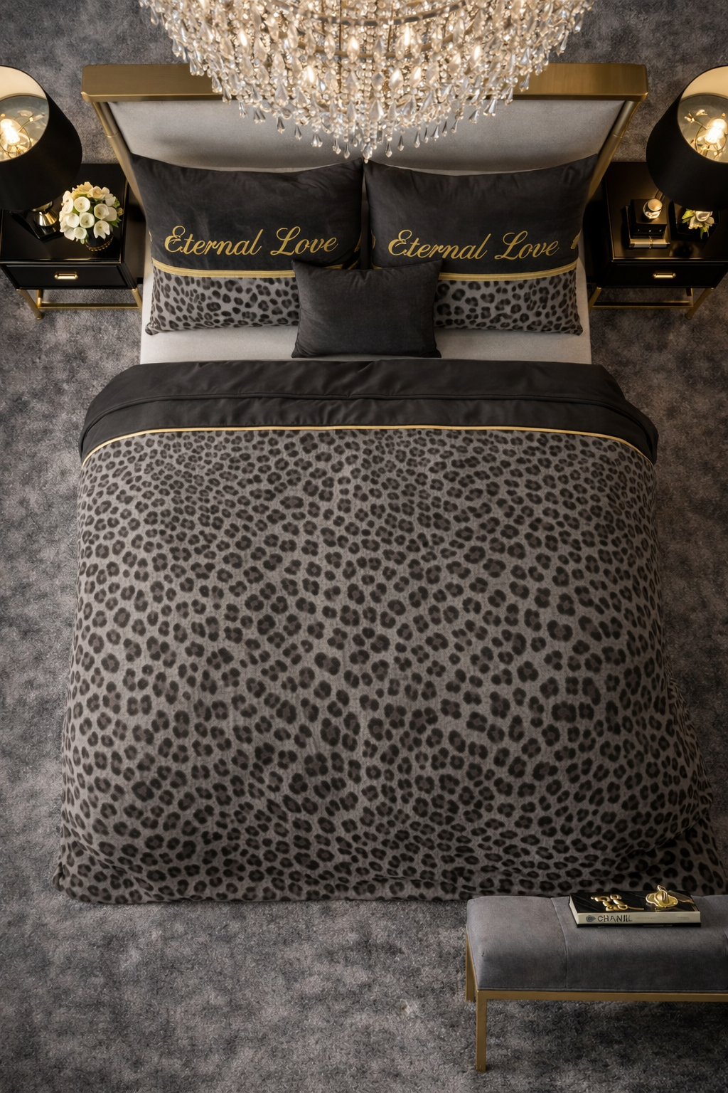 Lenjerie de pat Sleeptime, 1x husa pilota 140x200/220, 1x fete de perna 60x70, Bumbac si Poliester, Hipoalergenica, 150 GSM, model Elegance Eternal Love Black, imprimeu Print Digital, culoare Negru