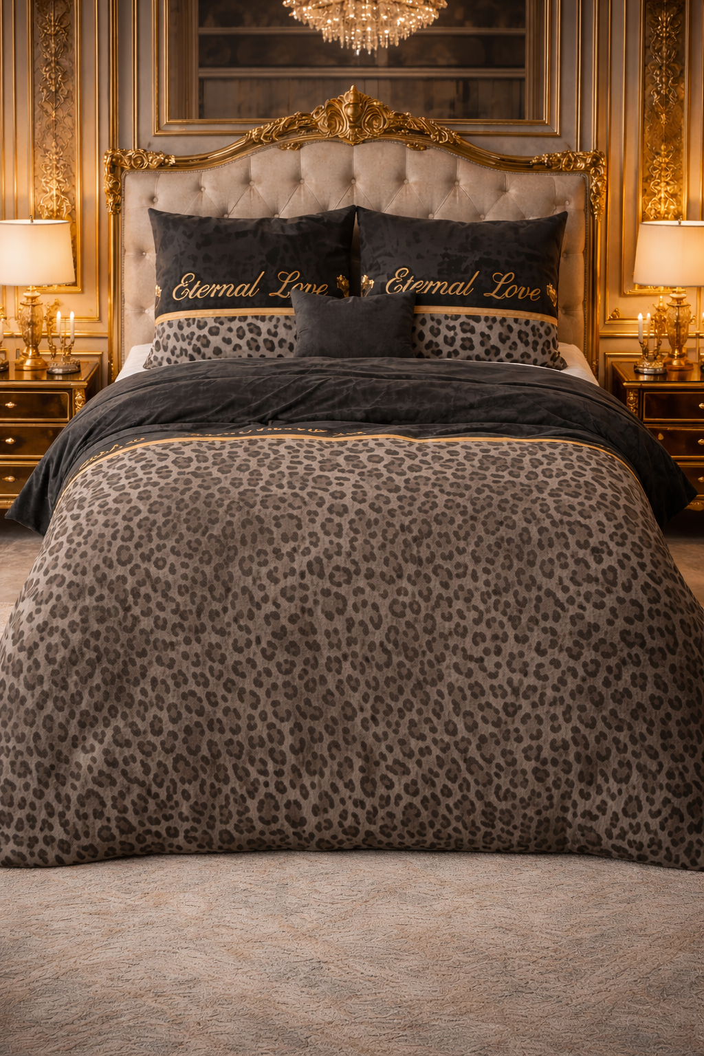 Lenjerie de pat Sleeptime, 1x husa pilota 140x200/220, 1x fete de perna 60x70, Bumbac si Poliester, Hipoalergenica, 150 GSM, model Elegance Eternal Love Black, imprimeu Print Digital, culoare Negru