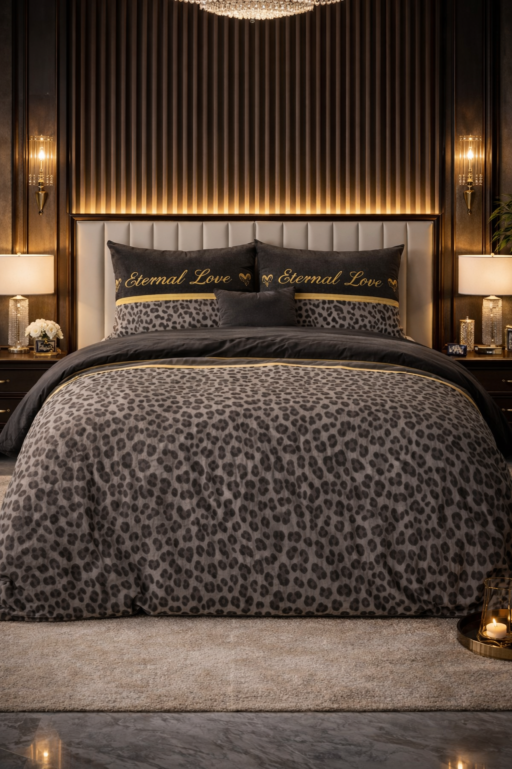 Lenjerie de pat Sleeptime, 1x husa pilota 140x200/220, 1x fete de perna 60x70, Bumbac si Poliester, Hipoalergenica, 150 GSM, model Elegance Eternal Love Black, imprimeu Print Digital, culoare Negru