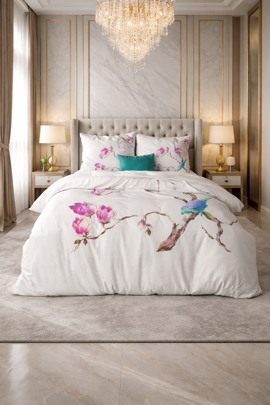 Lenjerie de pat Sleeptime, 1x husa pilota 200x200/220, 2x fete de perna 60x70, Microfibra 100%, Hipoalergenica, 90 GSM, model Essentials Magnolie Alba, imprimeu Print Digital, culoare Alb