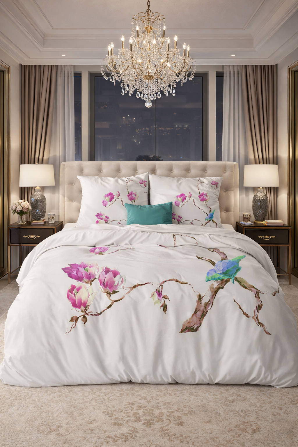 Lenjerie de pat Sleeptime, 1x husa pilota 200x200/220, 2x fete de perna 60x70, Microfibra 100%, Hipoalergenica, 90 GSM, model Essentials Magnolie Alba, imprimeu Print Digital, culoare Alb