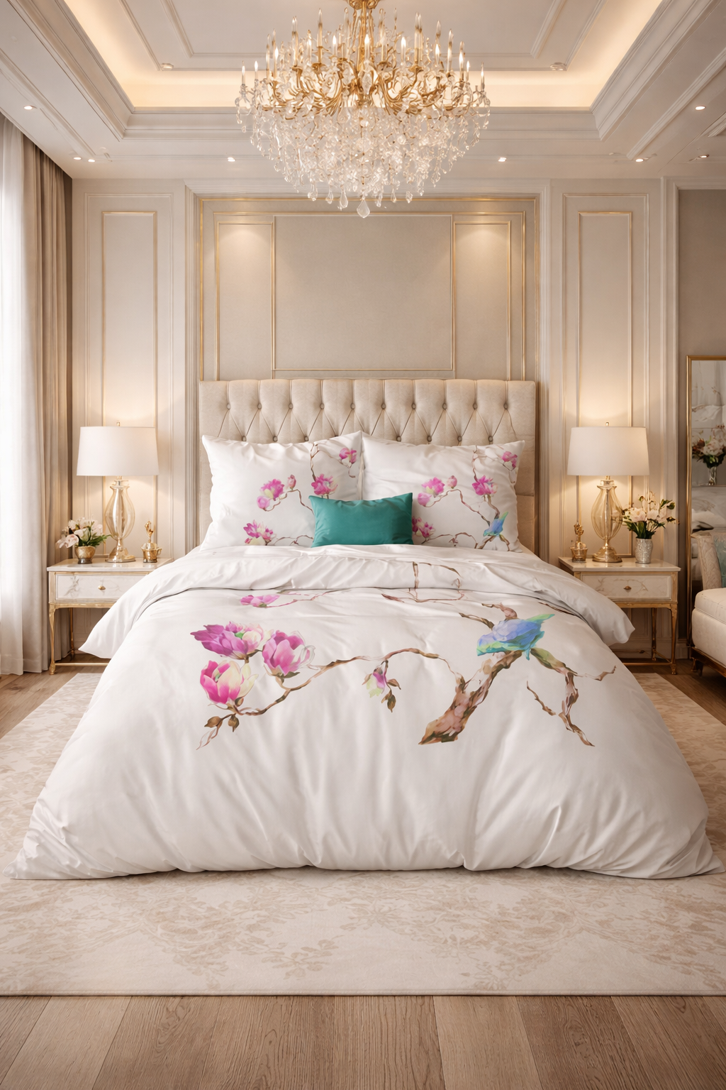 Lenjerie de pat Sleeptime, 1x husa pilota 200x200/220, 2x fete de perna 60x70, Microfibra 100%, Hipoalergenica, 90 GSM, model Essentials Magnolie Alba, imprimeu Print Digital, culoare Alb