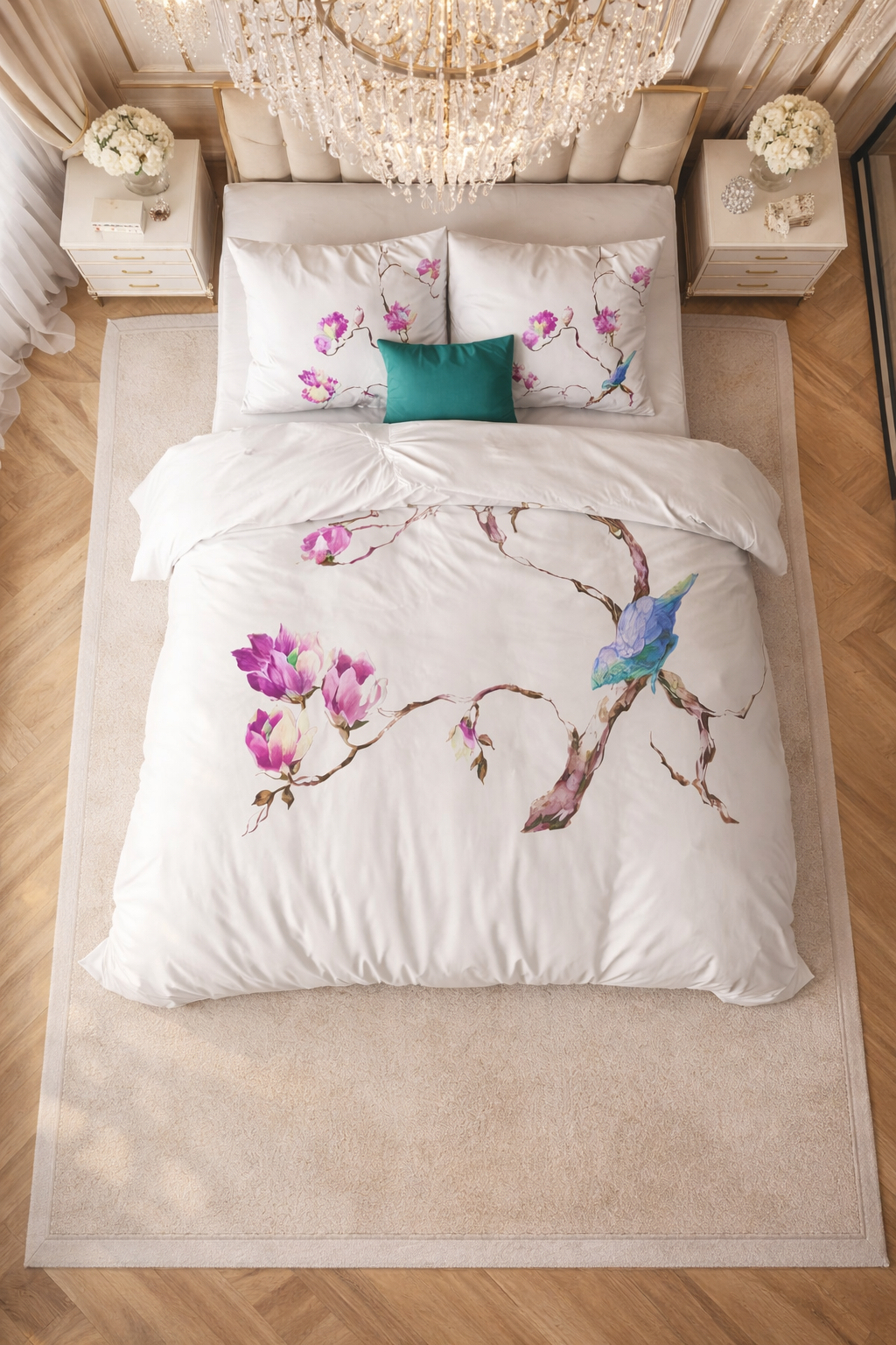 Lenjerie de pat Sleeptime, 1x husa pilota 200x200/220, 2x fete de perna 60x70, Microfibra 100%, Hipoalergenica, 90 GSM, model Essentials Magnolie Alba, imprimeu Print Digital, culoare Alb