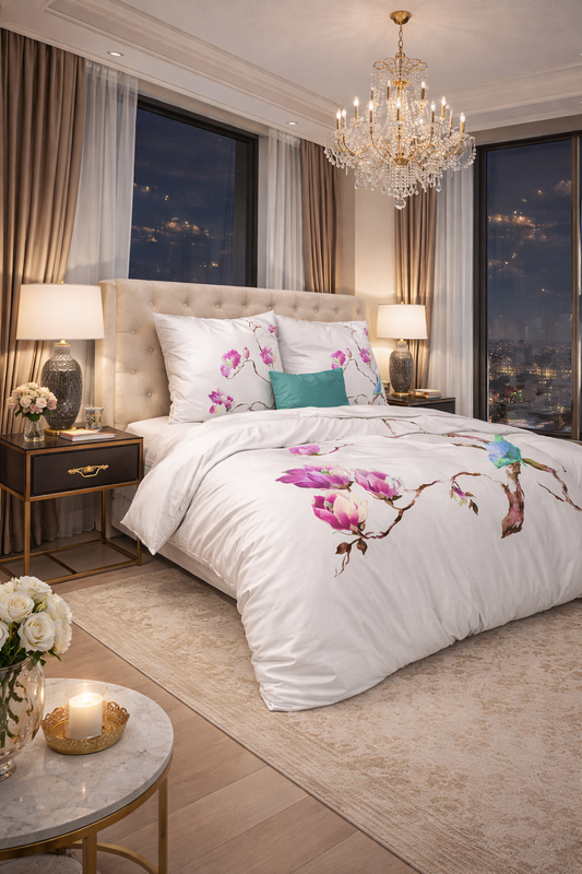 Lenjerie de pat Sleeptime, 1x husa pilota 200x200/220, 2x fete de perna 60x70, Microfibra 100%, Hipoalergenica, 90 GSM, model Essentials Magnolie Alba, imprimeu Print Digital, culoare Alb